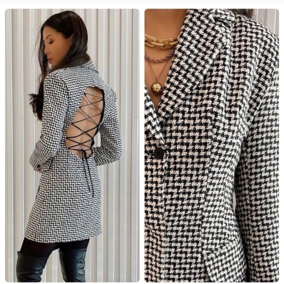 NWT Zara * Houndstooth Textured Tweed Blazer Dress Cut Out Size XS S - Picture 2 of 15